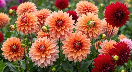 A vibrant display of orange and red dahlia flowers with intricate petals, creating a captivating garden scene ideal for floral design and nature-themed projects.