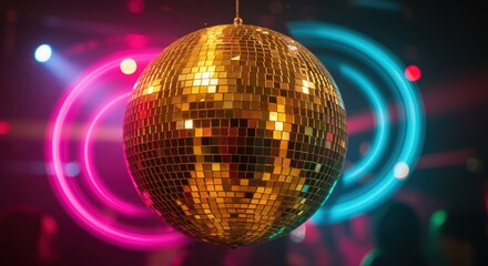A dazzling disco ball suspended in a vibrant atmosphere, reflecting colorful lights and creating a lively ambiance. Ideal for evoking a sense of celebration, nightlife, and dance events.