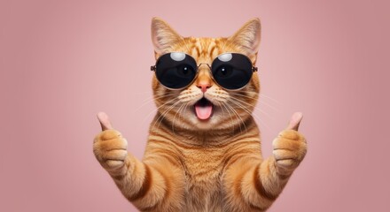 A playful orange cat in stylish sunglasses gives two thumbs up, showcasing a cheeky expression against a soft pink backdrop. Perfect for capturing humor and joy in pet themes.