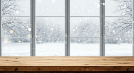 A cozy wooden table in front of a large window with snowflakes falling outside. A serene winter landscape features soft white snow on the ground and trees, perfect for seasonal themes.