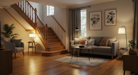 A cozy living room with elegant decor and a spacious staircase. The lounge features a stylish gray sofa with plush cushions and a wooden coffee table, bathed in natural light from large windows.