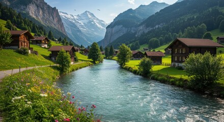 A serene landscape of charming wooden houses by a flowing river, surrounded by vibrant green meadows and majestic mountains, showcasing the beauty of nature and tranquility.