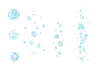 Turquoise and blue water bubbles of different sizes and tones in chaotic order rising from depths. Watercolor illustration set drawn by hand isolated from background for nautical and marine designs.