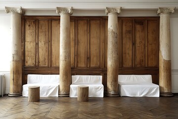 Architectural Interior Showcasing Columns Sofas And Wood Paneled Walls