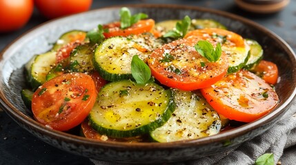 Fresh sliced tomatoes and zucchini plated with herbs for presentation