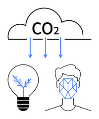 CO2 cloud reducing emissions with arrows, plant inside a lightbulb symbolizing sustainability, and human face with a tech grid. Ideal for climate action, technology, innovation, sustainability