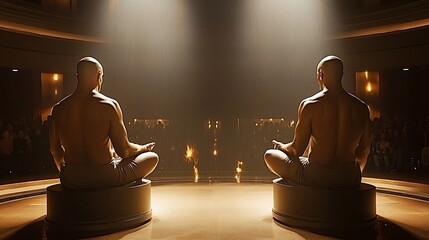 Two men meditating on pedestals facing an audience in a room