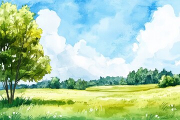 Fototapeta premium Watercolor summer landscape featuring a green meadow, trees, and blue sky. Hand-drawn countryside scenery, ideal for postcards, banners, or designs. Vibrant and serene nature illustration.