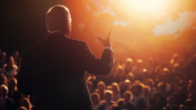 In a spotlight a politician gestures confidently towards a large crowd their brow furrowed in sincerity as they commit to tackling climate change. The backdrop features environmental
