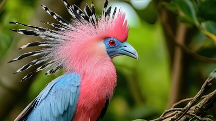 Tight shot of a pink-and-blue bird with feathers adorning its head