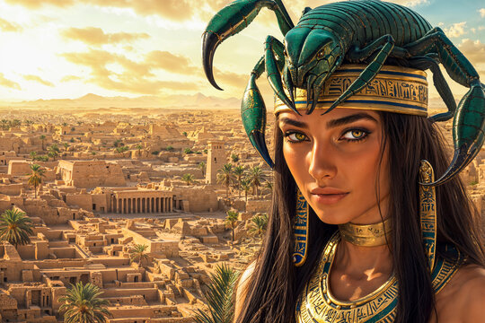 Serket, ancient Egyptian goddess of healing, magic, and protection from scorpions, copyspace