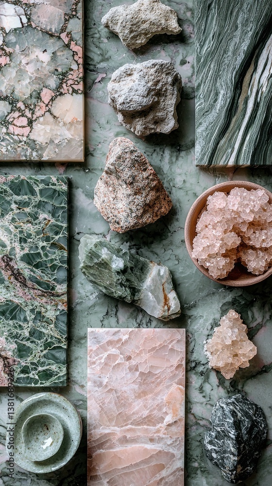 Poster Various stones and marbles with intriguing patterns and colors are displayed on a green surface. The collection showcases a harmonious blend of textures and shapes, inviting a sense of tranquility