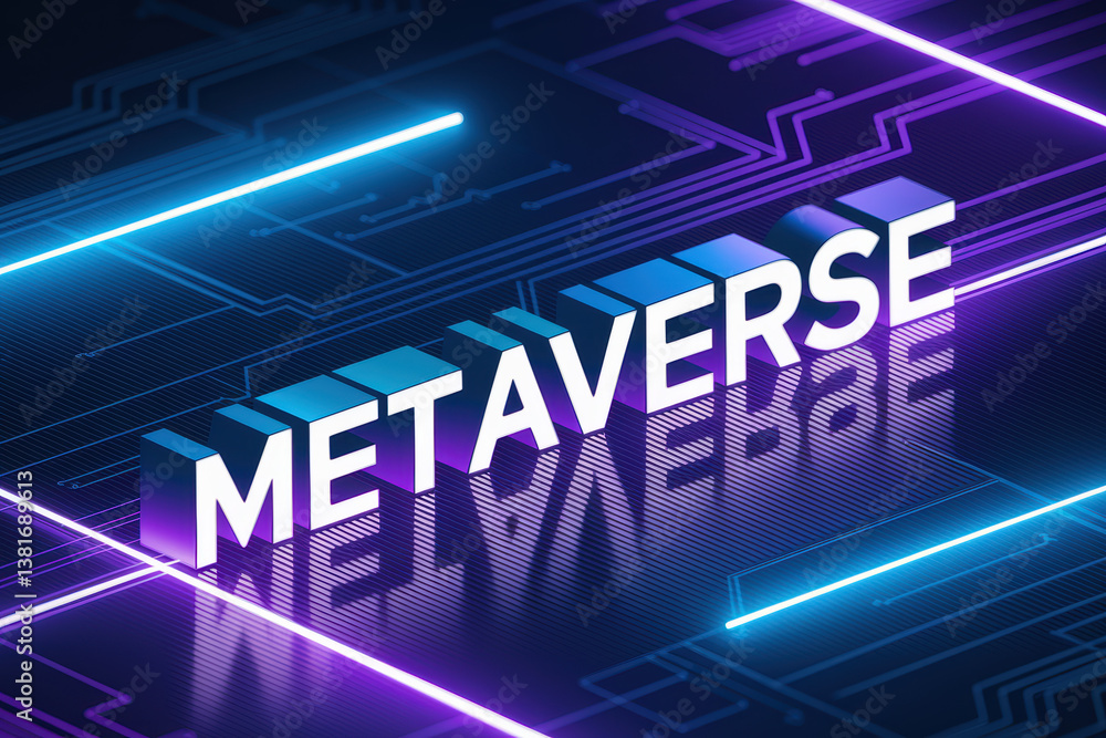 Poster futuristic metaverse concept with neon blue and purple circuit patterns in dynamic virtual space