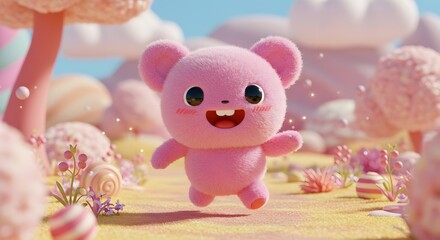 Fototapeta premium Pink Bear Character Running in Whimsical Landscape with Candy Decorations