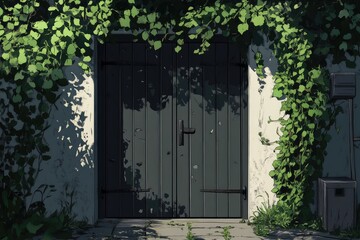 Dark grey aluminum gate with horizontal slats. AI generated illustration.