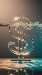 Illuminated Glass Dollar Sign Submerged in Water with Bubbles and Warm Light Reflections