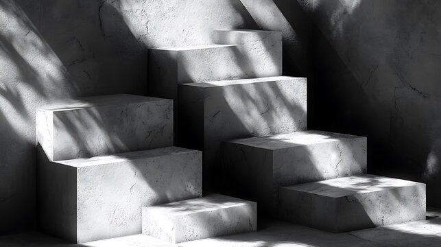 Cuboid concrete blocks form stairs with light and shadow interplay