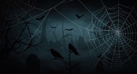 A hauntingly dark scene featuring silhouettes of crows and bats amidst cobwebs in a misty graveyard. Spooky trees and gravestones set the eerie atmosphere, perfect for Halloween themes.