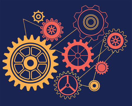 Interlocking Gears Mechanism: Colorful Cogwheels Rotating in a System.