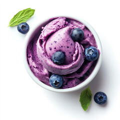 A Bowl of Blueberry Frozen Yogurt on a White Background 