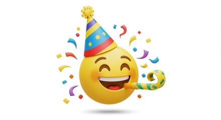 A joyful emoji with a colorful party hat and a big smile, holding a party blower. Surrounded by vibrant confetti and streamers, it captures the essence of celebration and excitement.