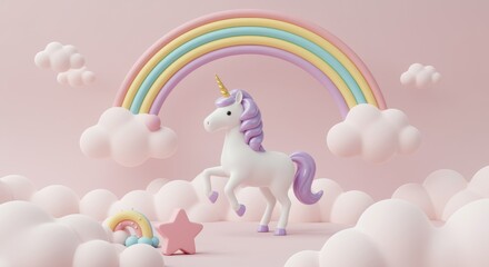 A whimsical scene featuring a charming unicorn with a pastel color scheme, surrounded by fluffy clouds and a vibrant rainbow arch. Perfect for children's decor or fantasy-themed projects.
