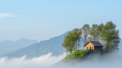 Serene wooden cabin on a hilltop surrounded by foggy mountains and lush greenery at dawn