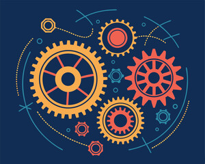 Interlocking Gears Mechanism: Colorful Cogwheels Rotating in a System.