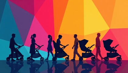 Abstract stroller silhouettes, geometric repeating design, white, contemporary, digital