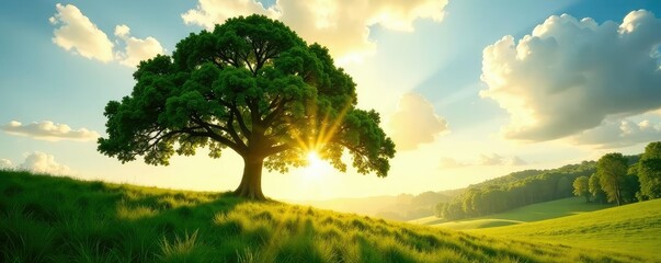 A lone tree's sprawling canopy blocks the radiant sunlight, shade, trees, natural