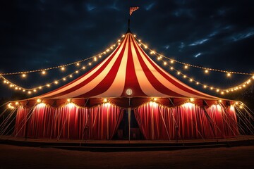 Red and white striped circus tent under the night sky. AI generated illustration.