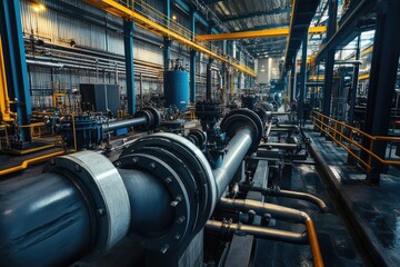 Industrial district heating system with pipes and valves for urban energy infrastructure and centralized thermal distribution concept. AI generated illustration.