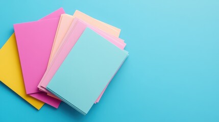 Colorful Paper Sheets Stacked on a Bright Blue Background for Creative and Artistic Concepts