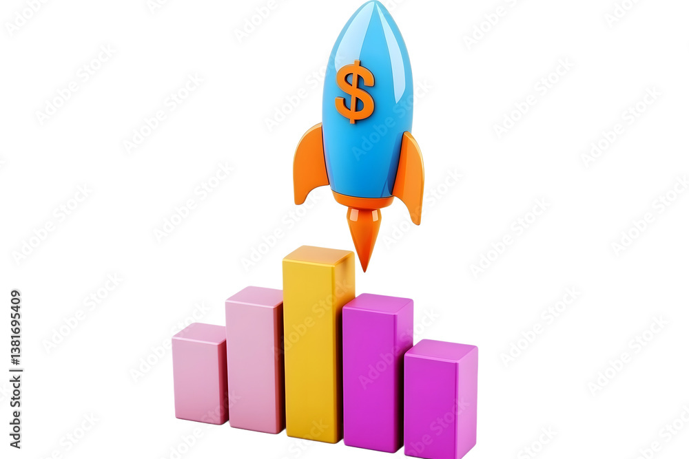 Aufkleber 3d illustration of a colorful bar graph with ascending blocks and a rocket launching upwards in a bu