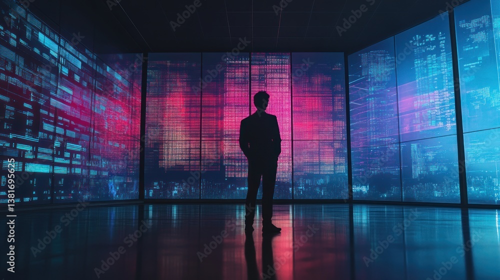 Poster a futuristic executive contemplates complex data streams in a neon-lit workspace
