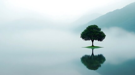Serene tree reflecting on water with soft misty mountains in the background Nature's beauty captured.