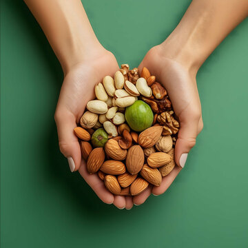 FOTOGRAFIA DE MANOS MORENAS COMPARTIENDO BOL CON ALMENDRAS DATILES Y NUECES SIN CASCARA CON AMIGOS SOBRE FONDO COLOR VERDE PASTEL CON MAS FRUTOS SECOS
