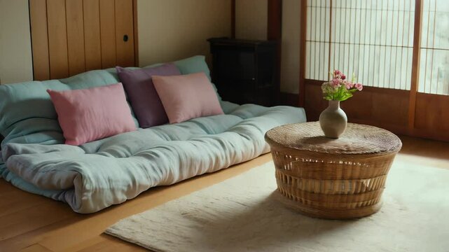 Minimalist interior design of modern Japandi living room with futon couch and natural textures

