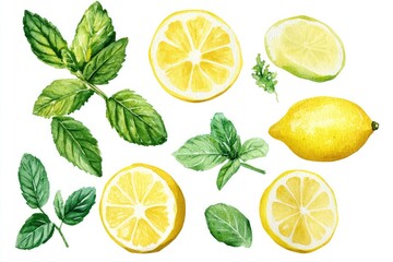Lemon and mint leaves botanical watercolor illustration. AI generated illustration.