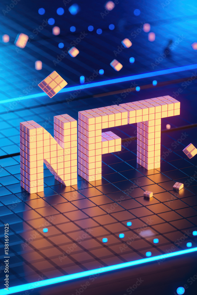 Poster vibrant 3d render of 'nft' text with neon glow and digital cubes on futuristic grid