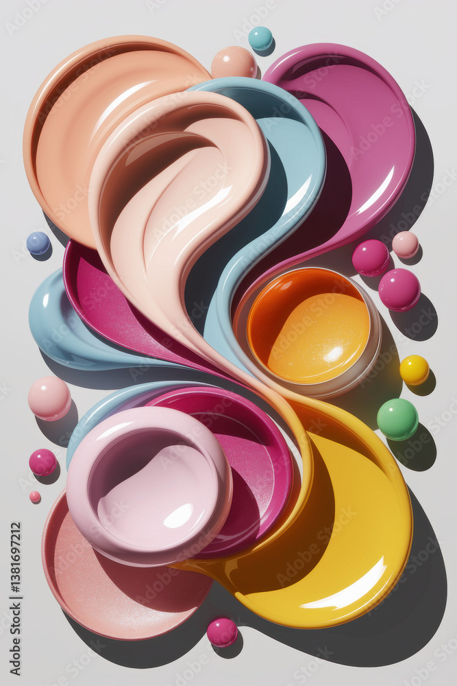 Poster playful swirls of colorful paints and glossy droplets creating an artistic display on white backgrou