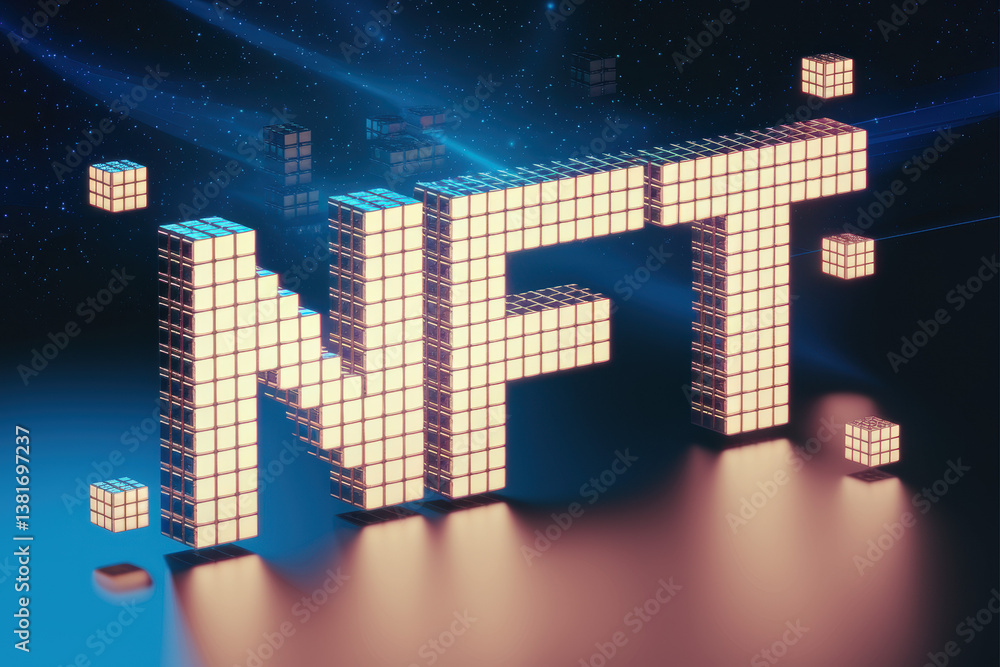 Poster illuminated nft signage with 3d pixel blocks in a futuristic blue background