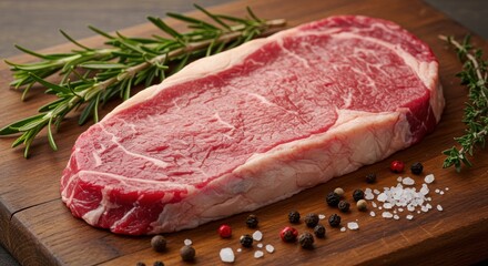 Fototapeta premium A raw steak on a wooden board, garnished with sprigs of rosemary and thyme. Coarse sea salt and assorted peppercorns provide a flavorful touch. Perfect for culinary themes.