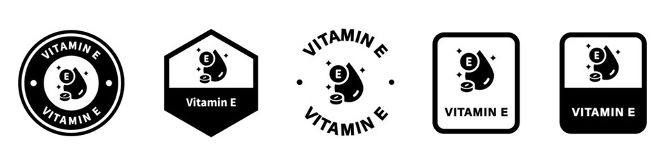 Vitamin E - signs for supplement, food or drink package. Vector isolated on white.