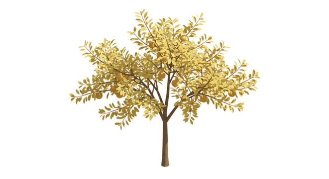 Isolated Tree with Golden Leaves and Fruit Against White Background