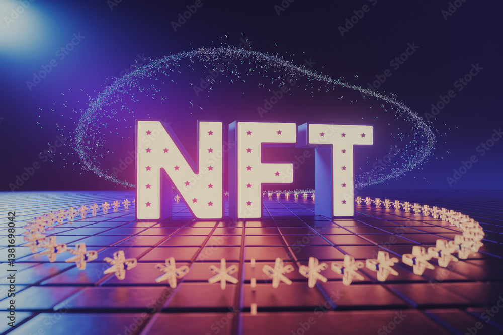 Poster futuristic nft art display with striking neon glow and sparkling particles in an innovative digital 