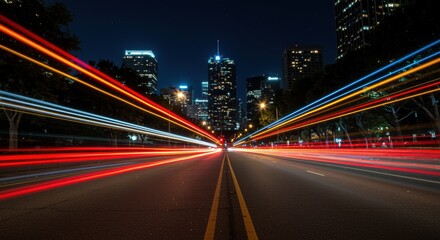 Fototapeta premium A vibrant city night scene with colorful streaks from moving vehicles. Skyscrapers illuminate the skyline, capturing the dynamic energy of urban life and travel.