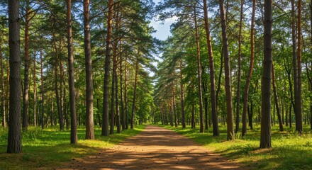Obraz premium A serene pathway winds through a dense forest of towering pine trees. Sunlight filters through the leaves, illuminating the vibrant greens of the underbrush in a tranquil scene.