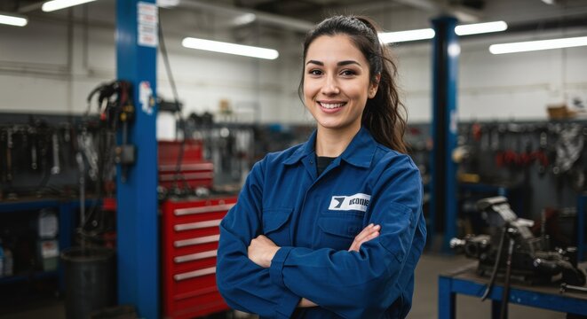 A confident young woman stands in a mechanic's workshop, arms crossed, surrounded by tools. She represents professionalism and promotes women in skilled trades.