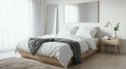 A cozy bedroom with a comfortable bed dressed in white linens and gray blankets. Natural light filters through sheer curtains, complemented by a stylish lamp and a potted plant.